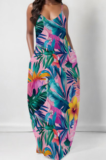 Pink Elegant Print Pocket Patchwork Spaghetti Strap Sling Dresses