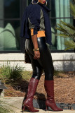 Navy Blue Casual Patchwork Contrast Zipper Collar Outerwear