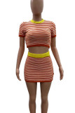 Orange Red Casual Stripe Patchwork O Neck Short Sleeve Two Pieces