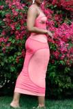 Red Sexy Solid Color Hollow Out Patchwork Spaghetti Strap Sling Dresses