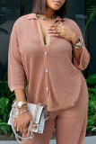 Pink Apricot Casual Solid Color Buckle Patchwork Turndown Collar Three Quarter Two Pieces