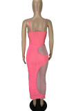 Red Sexy Solid Color Hollow Out Patchwork Spaghetti Strap Sling Dresses