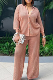 Pink Apricot Casual Solid Color Buckle Patchwork Turndown Collar Three Quarter Two Pieces