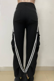 Black Casual Stripe Pocket Patchwork Straight High Waist Straight Patchwork Trousers