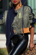 Navy Blue Casual Patchwork Contrast Zipper Collar Outerwear