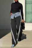Black Casual Stripe Pocket Patchwork Straight High Waist Straight Patchwork Trousers