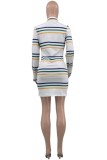 White Casual Striped Print Buttons POLO collar Long Sleeve Dresses