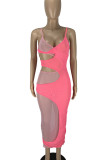 Red Sexy Solid Color Hollow Out Patchwork Spaghetti Strap Sling Dresses