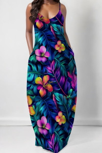 Cyan Green Elegant Print Pocket Patchwork Spaghetti Strap Sling Dresses