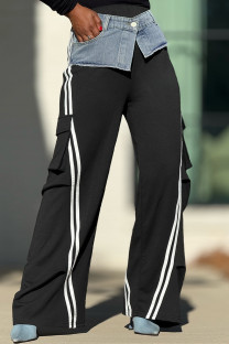 Black Casual Stripe Pocket Patchwork Straight High Waist Straight Patchwork Trousers