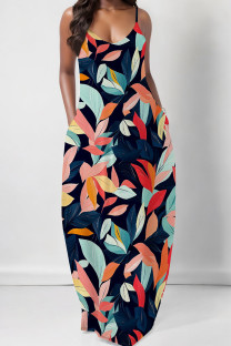 Tibetan Blue Elegant Print Pocket Patchwork Spaghetti Strap Sling Dresses