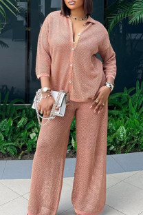 Pink Apricot Casual Solid Color Buckle Patchwork Turndown Collar Three Quarter Two Pieces