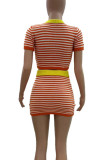 Orange Red Casual Stripe Patchwork O Neck Short Sleeve Two Pieces