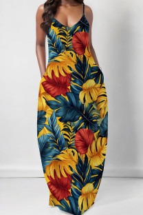 Yellow Elegant Print Pocket Patchwork Spaghetti Strap Sling Dresses