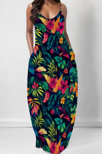 Multicolor Elegant Print Pocket Patchwork Spaghetti Strap Sling Dresses