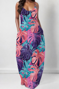 Blue Pink Elegant Print Pocket Patchwork Spaghetti Strap Sling Dresses