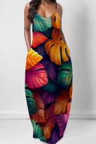Orange Green Elegant Print Pocket Patchwork Spaghetti Strap Sling Dresses
