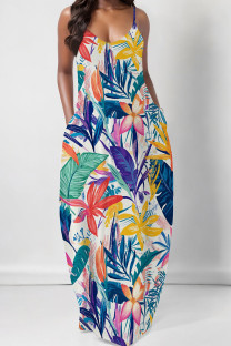 White Elegant Print Pocket Patchwork Spaghetti Strap Sling Dresses