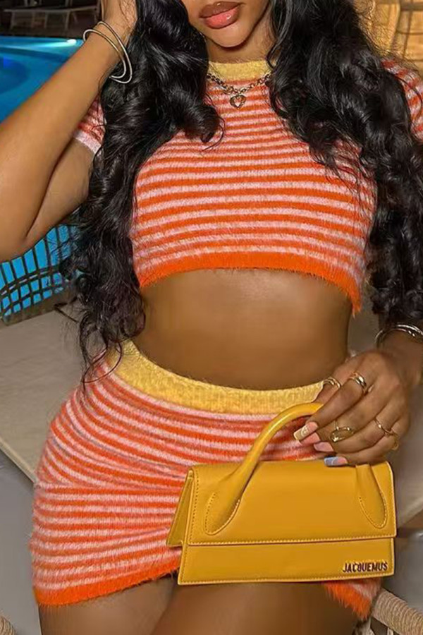 Orange Red Casual Stripe Patchwork O Neck Short Sleeve Two Pieces