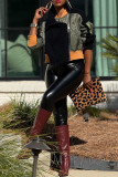 Navy Blue Casual Patchwork Contrast Zipper Collar Outerwear