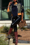 Navy Blue Casual Patchwork Contrast Zipper Collar Outerwear