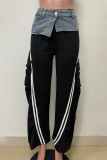 Black Casual Stripe Pocket Patchwork Straight High Waist Straight Patchwork Trousers