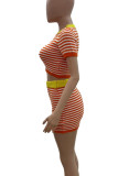 Orange Red Casual Stripe Patchwork O Neck Short Sleeve Two Pieces