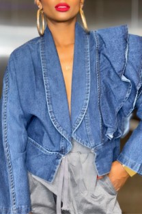 Blue Casual Solid Color Patchwork Turndown Collar Long Sleeve Regular Denim Jacket