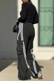 Black Casual Stripe Pocket Patchwork Straight High Waist Straight Patchwork Trousers