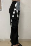 Black Casual Stripe Pocket Patchwork Straight High Waist Straight Patchwork Trousers