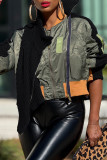 Navy Blue Casual Patchwork Contrast Zipper Collar Outerwear