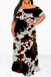 Khaki Elegant Floral Print Ruffle Contrast Off Shoulder Long Dresses