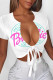 White Sexy Skull Head Animal Print Letters Lace Up Contrast V Neck T-Shirts