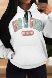White Green Casual Letter Print Draw String Pocket Hooded Tops