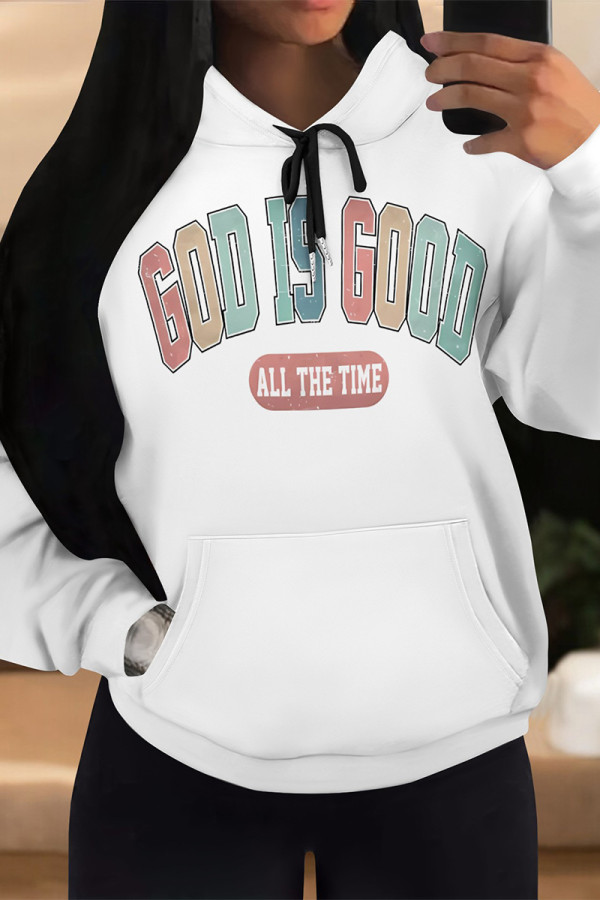 White Pink Casual Letter Print Draw String Pocket Hooded Tops