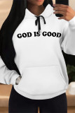 White Green Casual Letter Print Draw String Pocket Hooded Tops