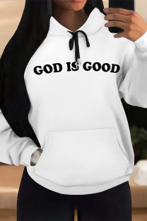 White Casual Letter Print Draw String Pocket Hooded Tops