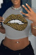 Grey Street Letter Print Heart Shaped Lips Contrast O Neck T-Shirts