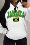 White Green Casual Letter Print Draw String Pocket Hooded Tops