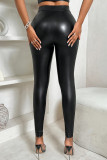 Black Casual Solid Color Lace Patchwork Skinny Mid Waist Pencil Bottoms