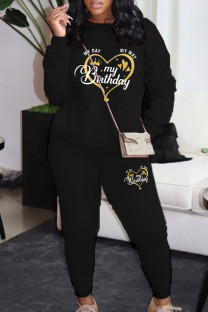 Black Casual Print Patchwork O Neck Long Sleeve Two Pieces