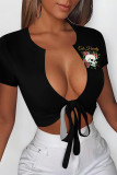 Black Sexy Skull Head Animal Print Letters Lace Up Contrast V Neck T-Shirts