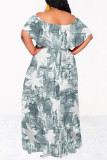 Khaki Elegant Floral Print Ruffle Contrast Off Shoulder Long Dresses