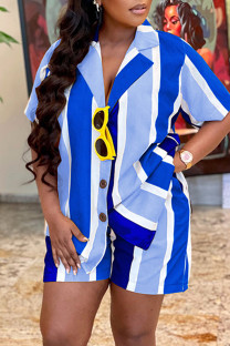 Blue Casual Striped Print Buttons Turndown Collar Short Sleeve Two Pieces