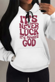 White Green Casual Letter Print Draw String Pocket Hooded Tops