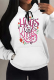 White Red Casual Letter Print Draw String Pocket Contrast Hooded Tops
