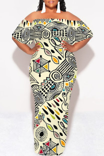 Light Yellow Sexy Geometric Print Ruffle Contrast Off Shoulder Long Dresses