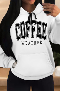 Black Casual Letter Print Draw String Pocket Hooded Tops