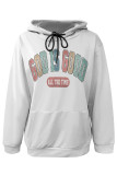 White Green Casual Letter Print Draw String Pocket Hooded Tops