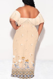 Light Color Sexy Geometric Print Ruffle Contrast Off Shoulder Long Dresses